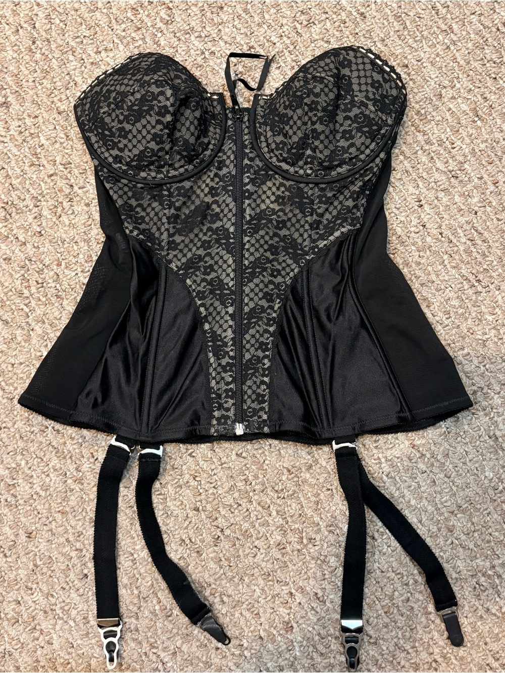 VTG Adonna Corset Longline Bustier 36C Zipper Black Lace Garters 36C JCPenney